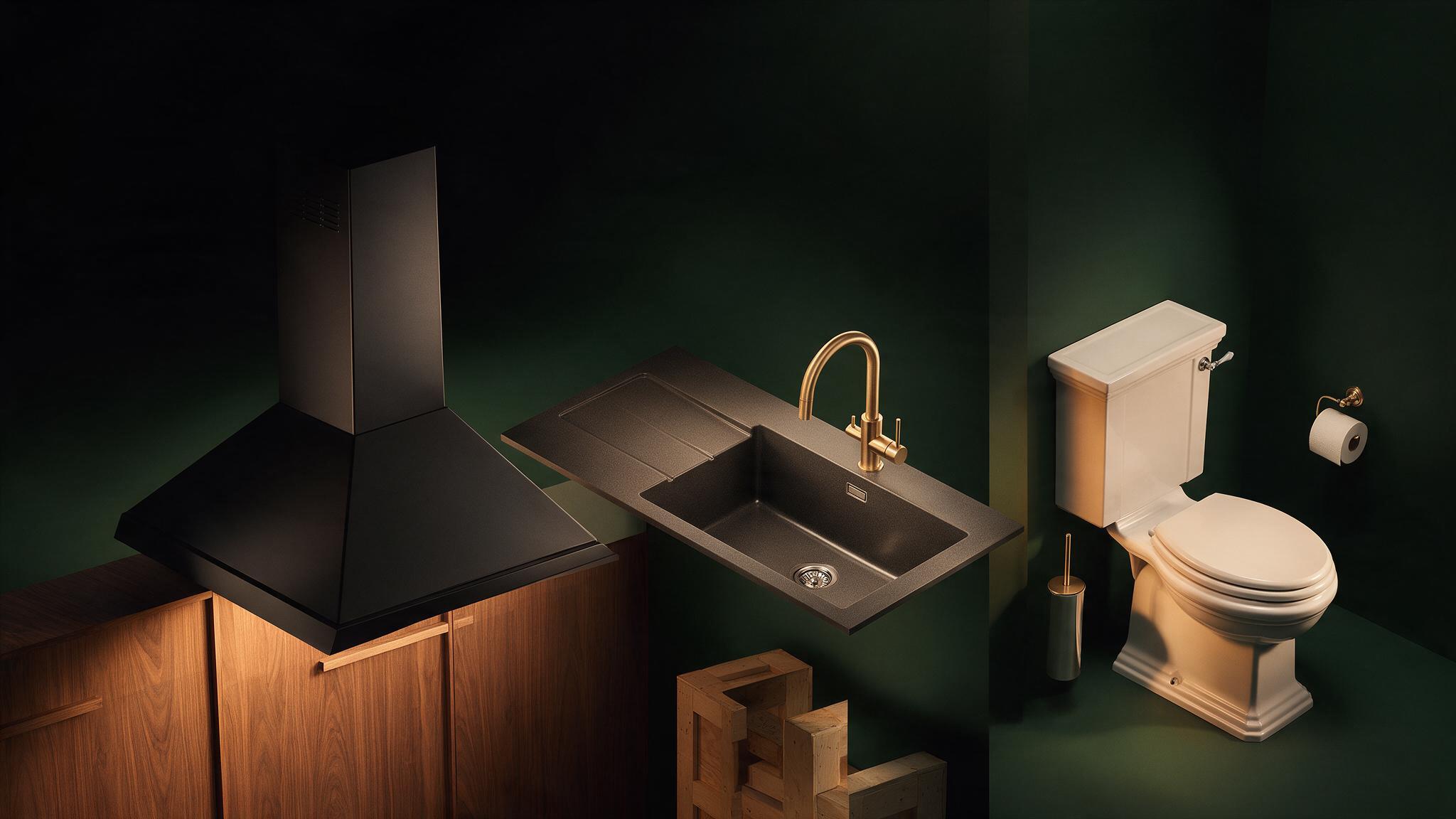 Premium kitchen and bathroom fittings in a dark green interior